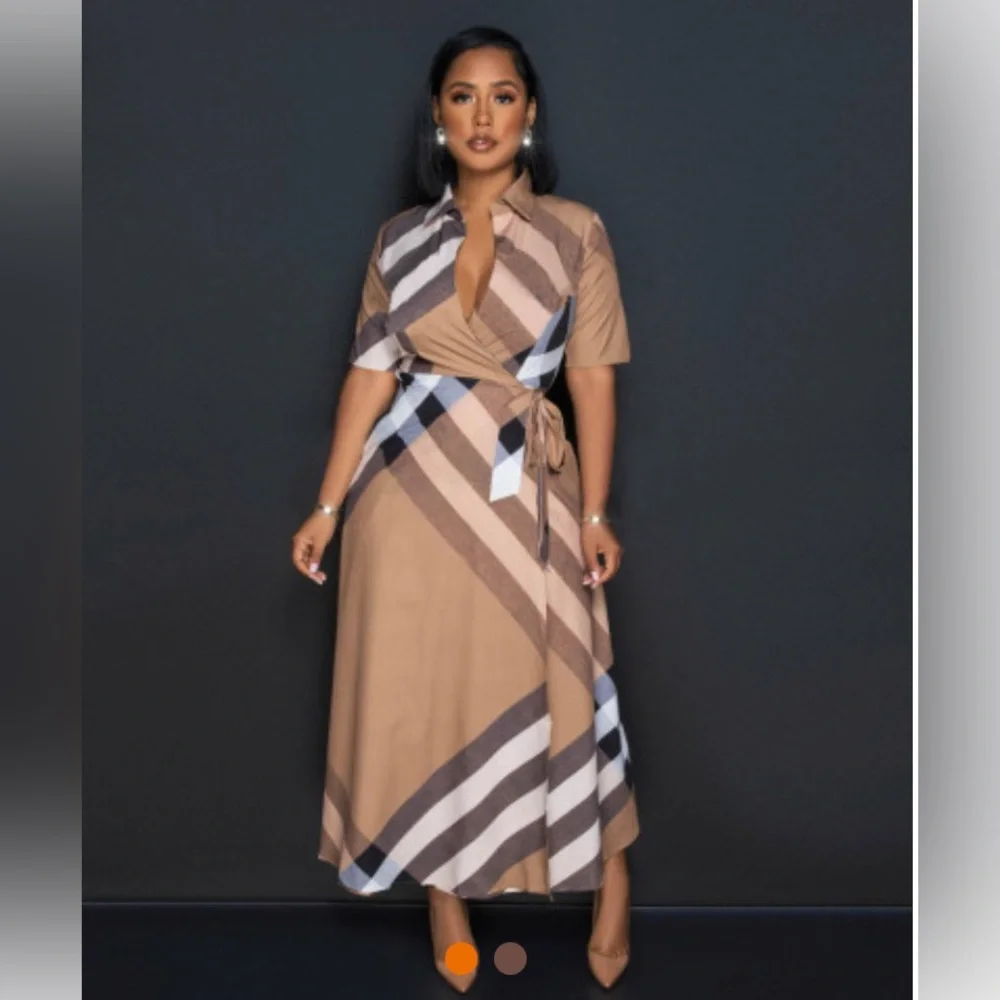 Comfy USA Tan Plaid Wrap Maxi Dress - Picture 1 of 3